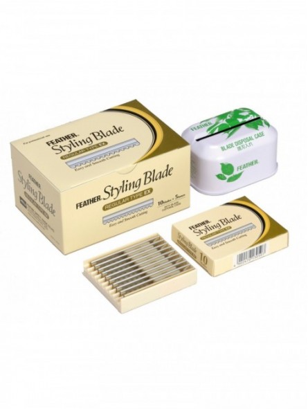 Lames de rasoir coiffeur Styling FEATHER par 50 + receptacle